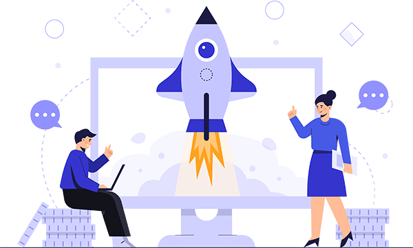 An icon of 2 people launching a rocket from desk