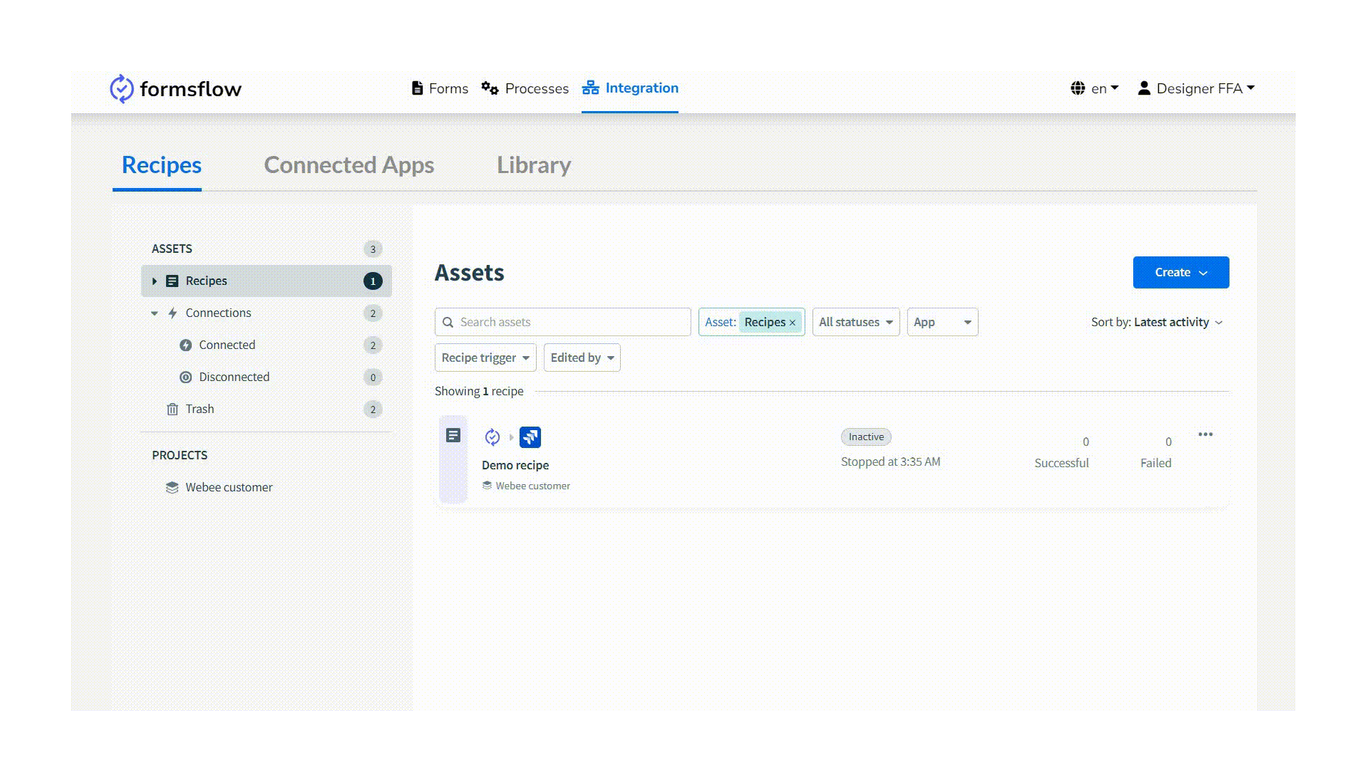 Give your recipe a name and decide what you want your new integration to do.